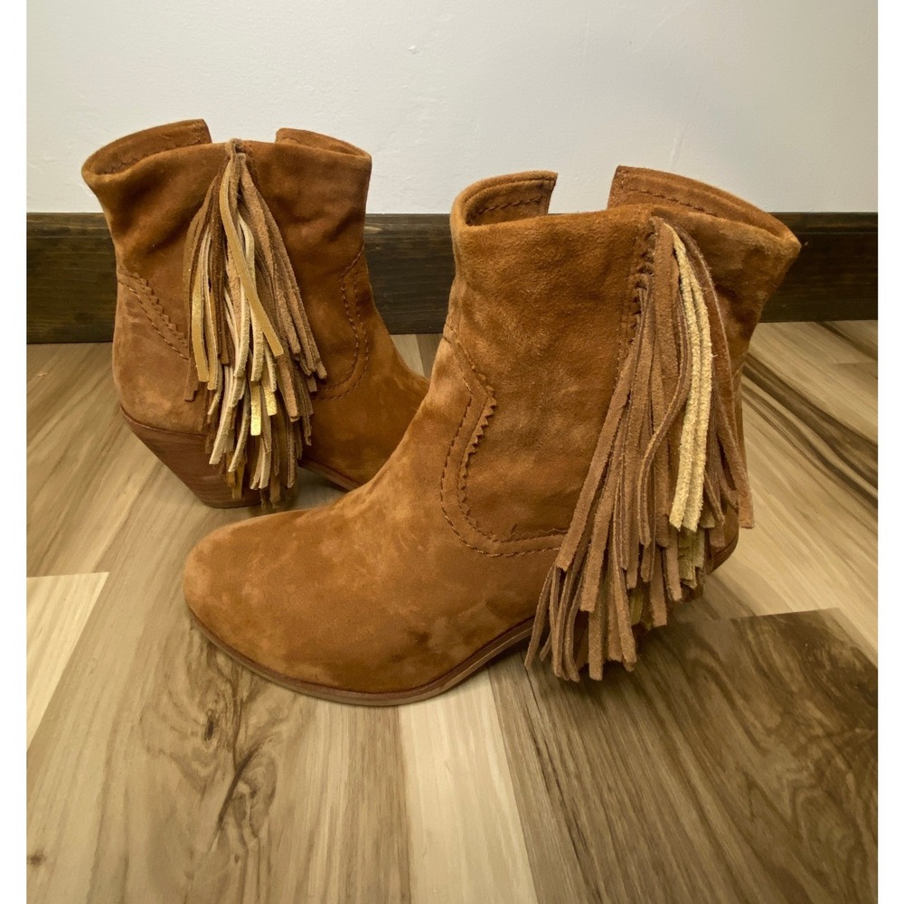 Sam Edelman Louie Tan Suede Fringe Ankle Boots Western Booties 7 Country Cowgirl - Picture 2 of 8